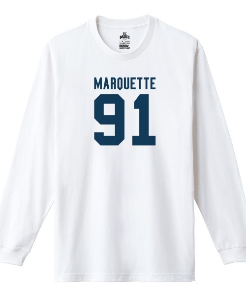 Ol' Basics(オールベーシックス)の「Ol' Basics(オール・ベーシックス) 長袖Tシャツ MARQUETTE ロゴ ナンバリング プリント 袖リブ ロンT トップス カットソー メンズ ユニセックス(Tシャツ/カットソー・メンズ・ホワイト/スミクロ/バーガンディー/アーミー・M/L/XL)」の2枚目の写真