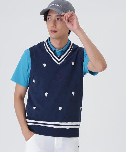PEARLY GATES(パーリーゲイツ)の「【PEARLY GATES】リバーシブルVネックニットベスト <エンブレム総柄> (MENS)(ベスト・メンズ・ダークインディゴブルー・LARGE/MEDIUM/X-LARGE)」の1枚目の写真
