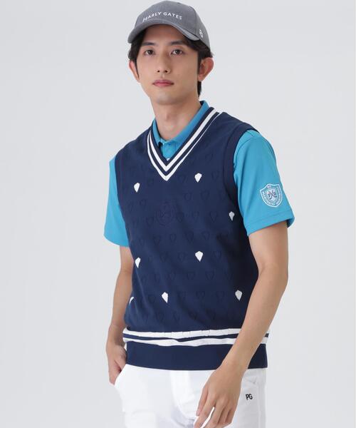 PEARLY GATES(パーリーゲイツ)の「【PEARLY GATES】リバーシブルVネックニットベスト <エンブレム総柄> (MENS)(ベスト・メンズ・ダークインディゴブルー・LARGE/MEDIUM/X-LARGE)」の2枚目の写真