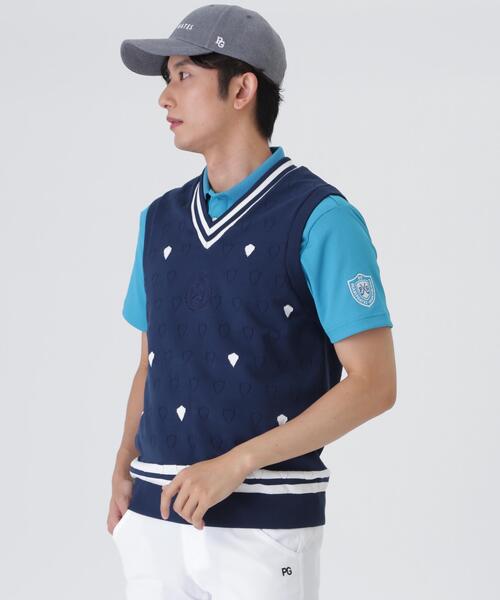 PEARLY GATES(パーリーゲイツ)の「【PEARLY GATES】リバーシブルVネックニットベスト <エンブレム総柄> (MENS)(ベスト・メンズ・ダークインディゴブルー・LARGE/MEDIUM/X-LARGE)」の3枚目の写真