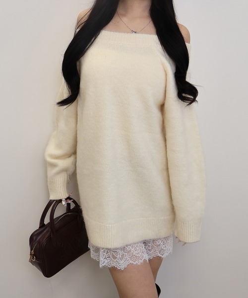 SOELA（ソエラ）の「【SOELA】レースドッキングオフショルニットワンピース（ワンピース・レディース・ベージュ/オフホワイト/グレー・M）」の12枚目の写真