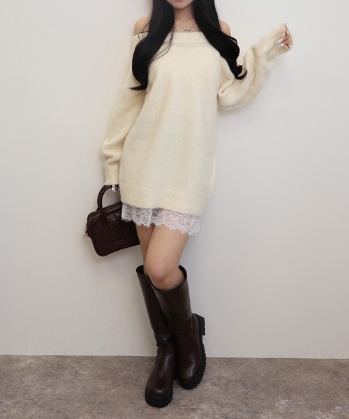 SOELA（ソエラ）の「【SOELA】レースドッキングオフショルニットワンピース（ワンピース・レディース・ベージュ/オフホワイト/グレー・M）」の14枚目の写真