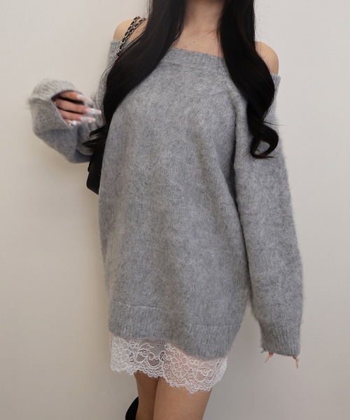 SOELA（ソエラ）の「【SOELA】レースドッキングオフショルニットワンピース（ワンピース・レディース・ベージュ/オフホワイト/グレー・M）」の5枚目の写真