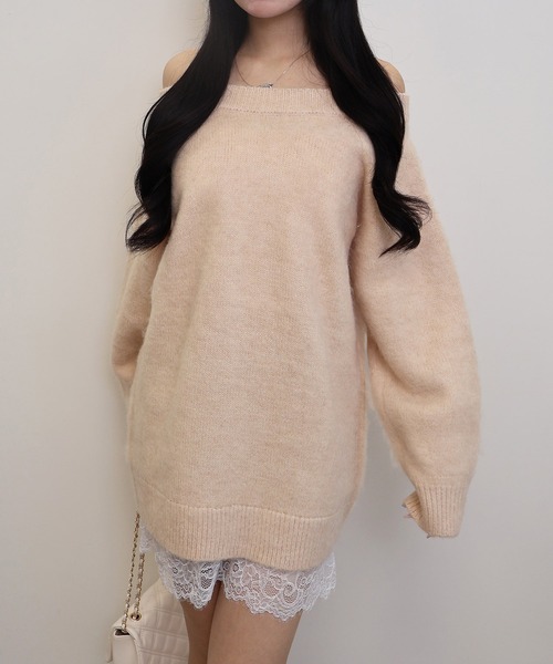 SOELA（ソエラ）の「【SOELA】レースドッキングオフショルニットワンピース（ワンピース・レディース・ベージュ/オフホワイト/グレー・M）」の8枚目の写真
