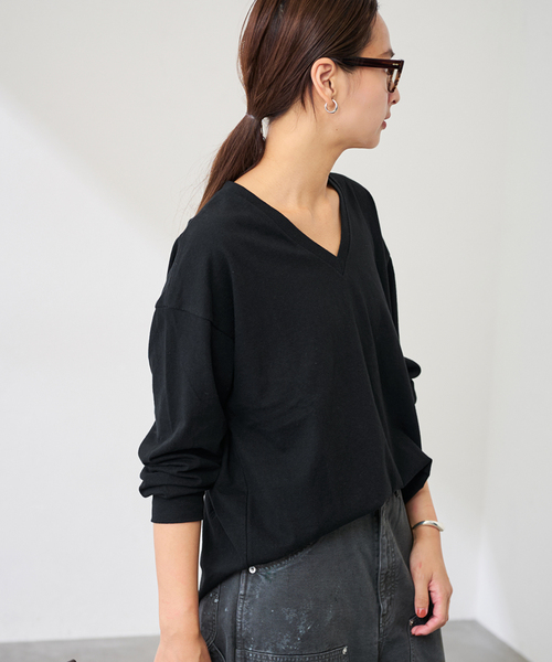 FRAMeWORK（フレームワーク）の「≪追加≫ラフィー天竺Vネックプルオーバー（Tシャツ/カットソー・レディース・ホワイト/ブラック・FREE）」の5枚目の写真