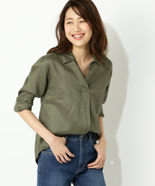 NATURAL BEAUTY BASIC（ナチュラルビューティーベーシック）の「フレンチリネン スキッパーブラウス（シャツ/ブラウス・レディース・ホワイト系その他/オフホワイト/ピンク/ブルー/カーキ・MEDIUM）」の4枚目の写真