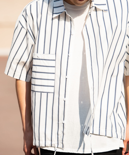 YARD PLUS（ヤードプリュス）の「YARD PLUS ストライプドローBIGシャツ（シャツ/ブラウス・メンズ・ホワイト/ブルー・LARGE/MEDIUM）」の2枚目の写真