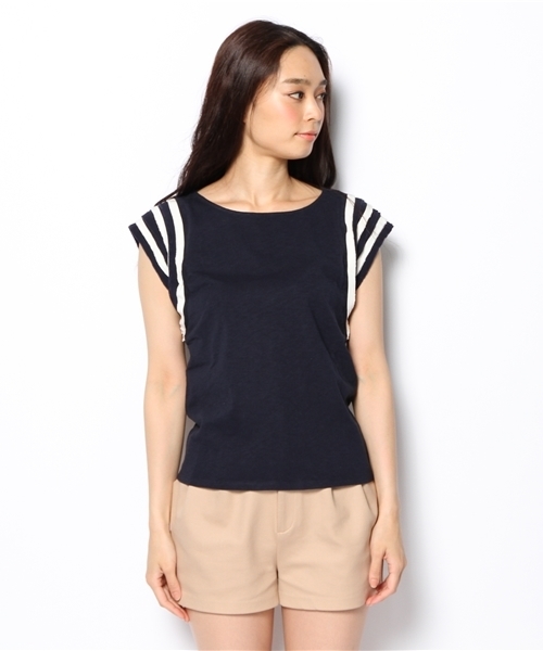 Kastane（カスタネ）の「【Kastane】断ち切りライン袖T（Tシャツ/カットソー・レディース・カーキ/ネイビー/オフホワイト・FREE）」の4枚目の写真