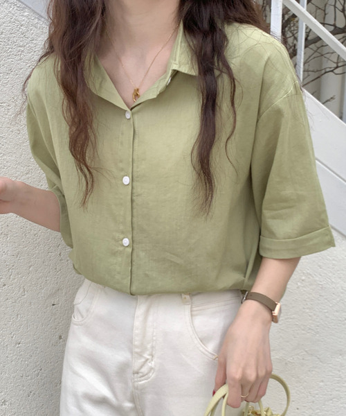 emi+（エミプラス）の「5分袖ルーズシャツ（シャツ/ブラウス・レディース・ライトブラウン/オレンジ/ブルー/ホワイト/ライトグリーン/ピンク/イエロー/ブラック/ベージュ・FREE）」の11枚目の写真