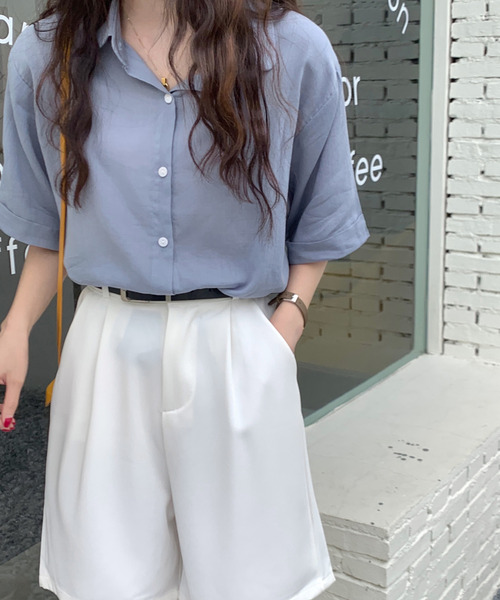 emi+（エミプラス）の「5分袖ルーズシャツ（シャツ/ブラウス・レディース・ライトブラウン/オレンジ/ブルー/ホワイト/ライトグリーン/ピンク/イエロー/ブラック/ベージュ・FREE）」の15枚目の写真