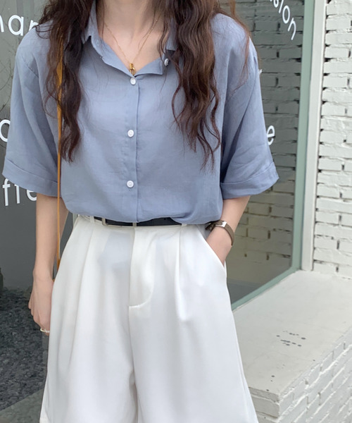 emi+（エミプラス）の「5分袖ルーズシャツ（シャツ/ブラウス・レディース・ライトブラウン/オレンジ/ブルー/ホワイト/ライトグリーン/ピンク/イエロー/ブラック/ベージュ・FREE）」の17枚目の写真