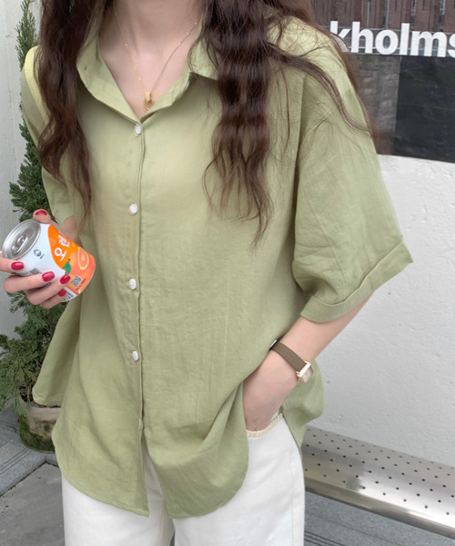 emi+（エミプラス）の「5分袖ルーズシャツ（シャツ/ブラウス・レディース・ライトブラウン/オレンジ/ブルー/ホワイト/ライトグリーン/ピンク/イエロー/ブラック/ベージュ・FREE）」の19枚目の写真