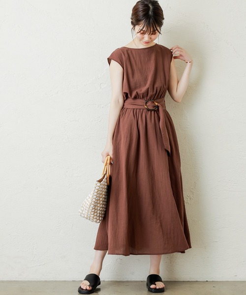 natural couture（ナチュラルクチュール）の「【WEB限定カラー有り】変形べっ甲ベルト涼しげワンピース（ワンピース・レディース・ブラック/パープル/ブルー/その他/チェック/ブラウン/グリーン/その他1・FREE）」の3枚目の写真