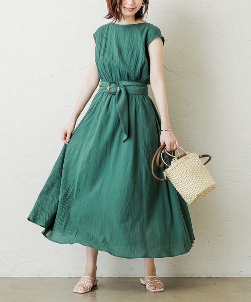 natural couture（ナチュラルクチュール）の「【WEB限定カラー有り】変形べっ甲ベルト涼しげワンピース（ワンピース・レディース・ブラック/パープル/ブルー/その他/チェック/ブラウン/グリーン/その他1・FREE）」の4枚目の写真