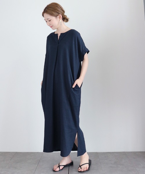 AMERICAN HOLIC(アメリカンホリック)の「リネンブレンドスキッパーストレートワンピース(ワンピース)」|ネイビー