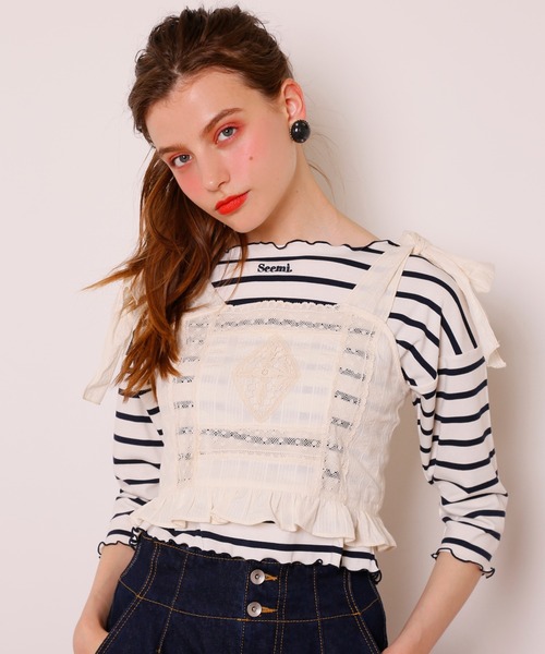 Seemi. byNICECLAUP（ シーミーバイナイスクラップ）の「Seemi.ボーダーメローTee（Tシャツ/カットソー・レディース・ネイビー/ピンク/レッド・FREE）」の2枚目の写真