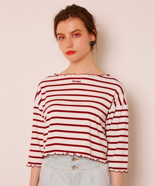 Seemi. byNICECLAUP（ シーミーバイナイスクラップ）の「Seemi.ボーダーメローTee（Tシャツ/カットソー・レディース・ネイビー/ピンク/レッド・FREE）」の3枚目の写真