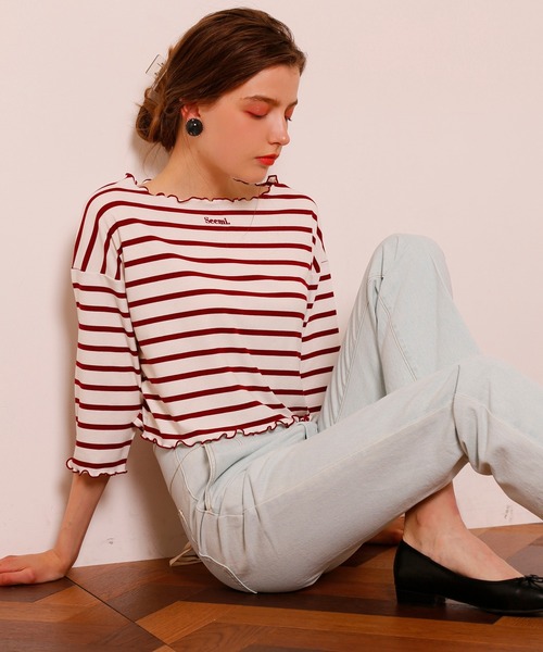Seemi. byNICECLAUP（ シーミーバイナイスクラップ）の「Seemi.ボーダーメローTee（Tシャツ/カットソー・レディース・ネイビー/ピンク/レッド・FREE）」の9枚目の写真