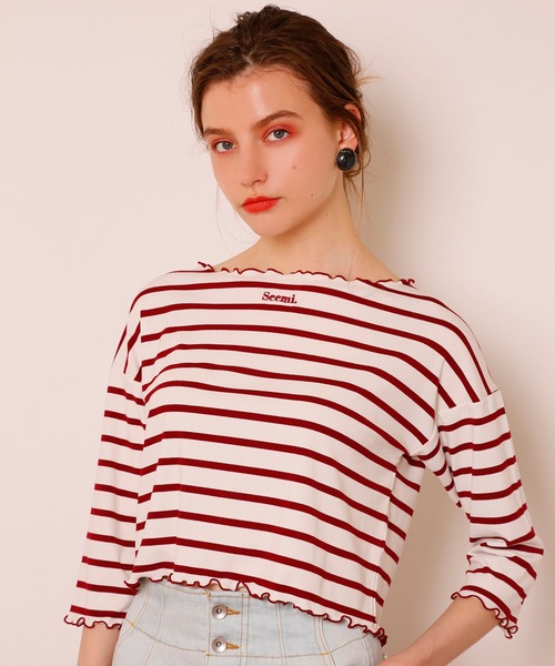 Seemi. byNICECLAUP（ シーミーバイナイスクラップ）の「Seemi.ボーダーメローTee（Tシャツ/カットソー・レディース・ネイビー/ピンク/レッド・FREE）」の4枚目の写真