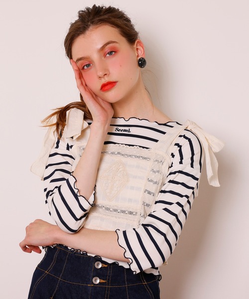 Seemi. byNICECLAUP（ シーミーバイナイスクラップ）の「Seemi.ボーダーメローTee（Tシャツ/カットソー・レディース・ネイビー/ピンク/レッド・FREE）」の11枚目の写真