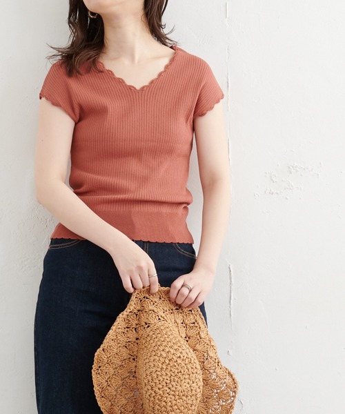 natural couture(ナチュラルクチュール)の「かぎ針風ちびスカラップフレンチリブニット(ニット/セーター・レディース・ブラック/ブラウン/オフホワイト/オレンジ/レンガ・FREE)」の15枚目の写真