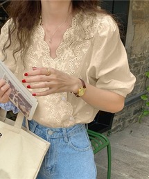 5分袖花柄刺繍レースカシュクールブラウス