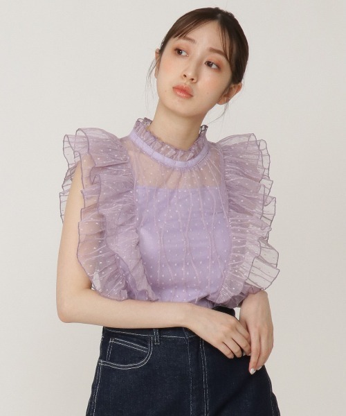 REDYAZEL（レディアゼル）の「ドットチュールフリルブラウス（シャツ/ブラウス・レディース・オフホワイト/イエロー/ブラック/パープル・FREE）」の3枚目の写真