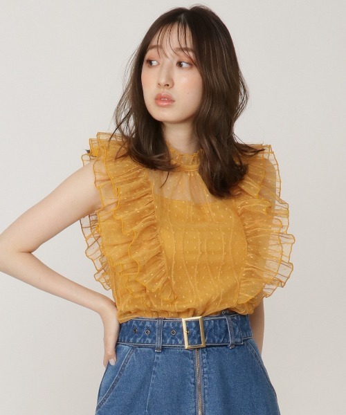 REDYAZEL（レディアゼル）の「ドットチュールフリルブラウス（シャツ/ブラウス・レディース・オフホワイト/イエロー/ブラック/パープル・FREE）」の5枚目の写真