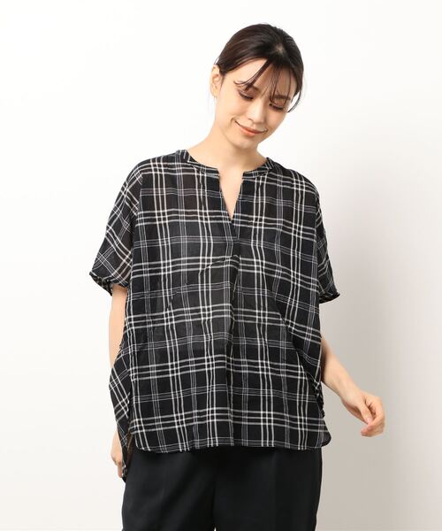 Samansa Mos2 blue（サマンサモスモスブルー）の「柄アソートシャーリングチェックブラウス（シャツ/ブラウス・レディース・ブラック/グレー/ネイビー・ﾌﾘ-）」の2枚目の写真