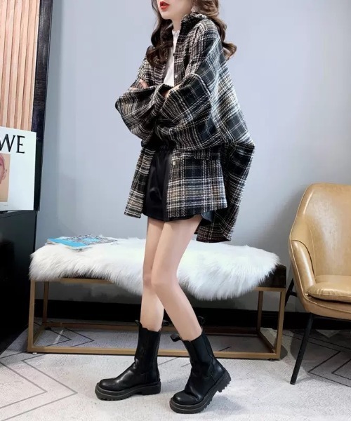 KOR(ケーオーアール)の「オーバーサイズ ドロップショルダー レトロチェック フランネルシャツ(シャツ/ブラウス・レディース・ブラック/オレンジ/グリーン・S/M/L/XL)」の14枚目の写真