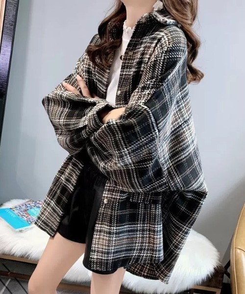 KOR(ケーオーアール)の「オーバーサイズ ドロップショルダー レトロチェック フランネルシャツ(シャツ/ブラウス・レディース・ブラック/オレンジ/グリーン・S/M/L/XL)」の11枚目の写真