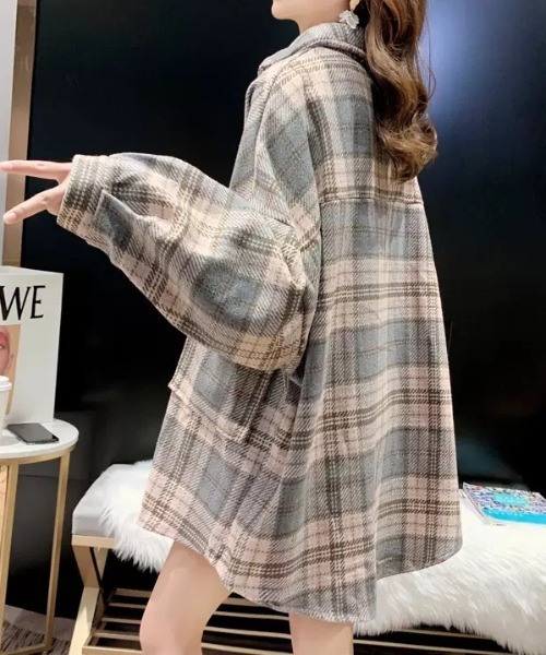 KOR(ケーオーアール)の「オーバーサイズ ドロップショルダー レトロチェック フランネルシャツ(シャツ/ブラウス・レディース・ブラック/オレンジ/グリーン・S/M/L/XL)」の15枚目の写真