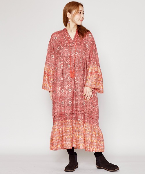 チャイハネ（チャイハネ）の「【チャイハネ】ブロックプリント ボヘラワンピース（ワンピース・レディース・ベージュ/パープル/レッド・FREE）」の3枚目の写真