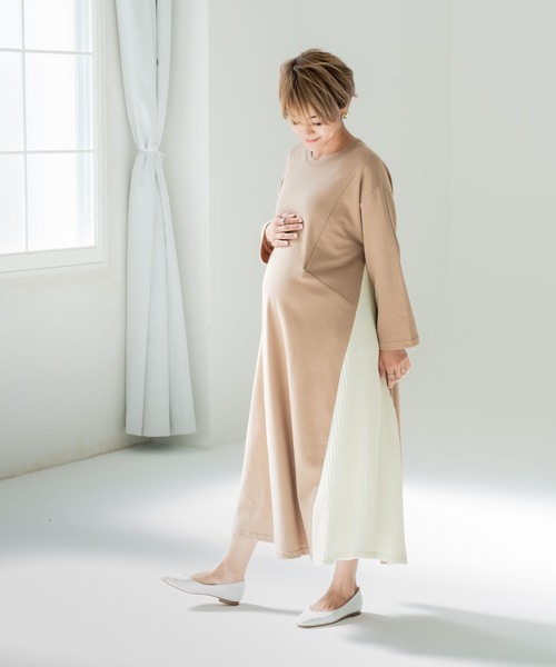 CHOCOA（チョコア）の「マタニティ授乳サイドプリーツワンピース（マタニティウェア/グッズ・レディース・チャコールグレー/ベージュ・FREE）」の19枚目の写真