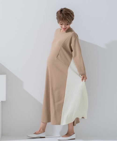 CHOCOA（チョコア）の「マタニティ授乳サイドプリーツワンピース（マタニティウェア/グッズ・レディース・チャコールグレー/ベージュ・FREE）」の16枚目の写真