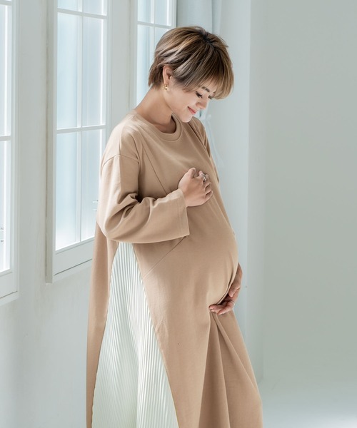 CHOCOA（チョコア）の「マタニティ授乳サイドプリーツワンピース（マタニティウェア/グッズ・レディース・チャコールグレー/ベージュ・FREE）」の10枚目の写真