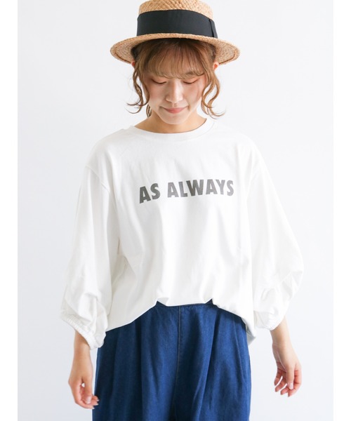 Samansa Mos2（サマンサ モスモス）の「ロゴプリント袖タックTシャツ（Tシャツ/カットソー・レディース・ベージュ/オフホワイト/サックスブルー/ピンク/グリーン/チャコール・ﾌﾘ-）」の2枚目の写真