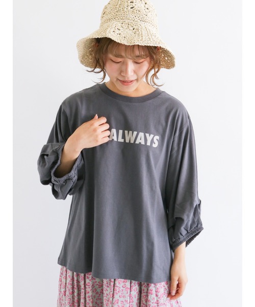 Samansa Mos2（サマンサ モスモス）の「ロゴプリント袖タックTシャツ（Tシャツ/カットソー・レディース・ベージュ/オフホワイト/サックスブルー/ピンク/グリーン/チャコール・ﾌﾘ-）」の3枚目の写真