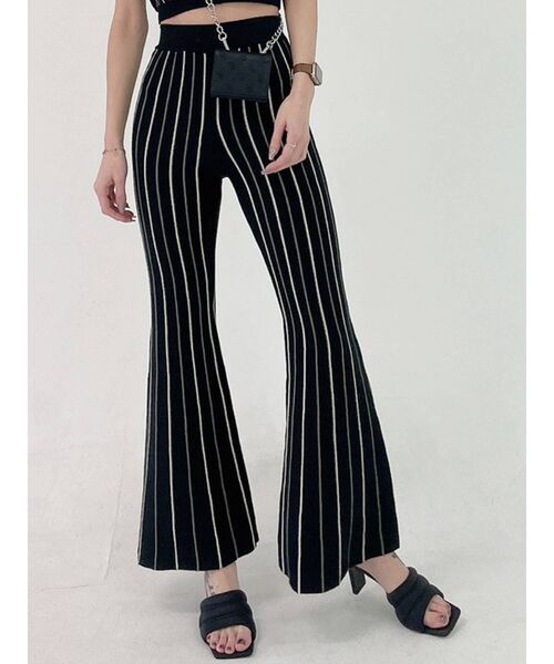 美品　UNTITLED　セットアップ　フレアパンツ　Ｓ　黒　ストライプ　日本製 TALLサイズ 〕 【セットアップ対応】シアーボイルストライプ