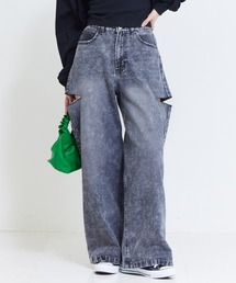 ハイウエストカッティングデニムワイドパンツ