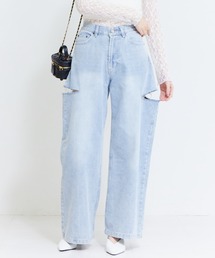 ハイウエストカッティングデニムワイドパンツ