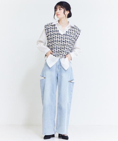 solleim（ソルレム）の「ハイウエストカッティングデニムワイドパンツ（デニムパンツ・レディース・グレー/ブルー・61/64）」の6枚目の写真