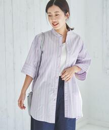 coen | コットンブレンド5分袖バンドカラーオーバーシャツ(シャツ/ブラウス)