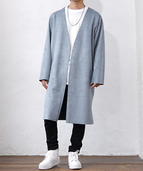 MinoriTY（マイノリティ）の「【MinoriTY】リバーシブルロングカーディガン ノーカラー メンズ 無地 スウェード 秋服（カーディガン/ボレロ・メンズ・パープル/ブルーグレー/モカ/チャコール/アイボリー・S/M/L）」の11枚目の写真