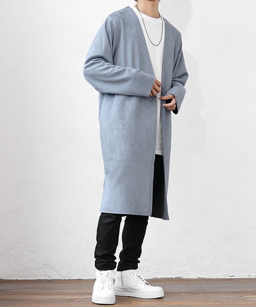 MinoriTY（マイノリティ）の「【MinoriTY】リバーシブルロングカーディガン ノーカラー メンズ 無地 スウェード 秋服（カーディガン/ボレロ・メンズ・パープル/ブルーグレー/モカ/チャコール/アイボリー・S/M/L）」の12枚目の写真