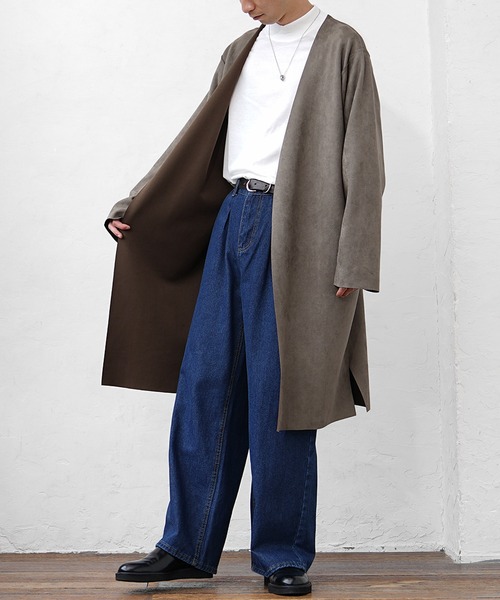 MinoriTY（マイノリティ）の「【MinoriTY】リバーシブルロングカーディガン ノーカラー メンズ 無地 スウェード 秋服（カーディガン/ボレロ・メンズ・パープル/ブルーグレー/モカ/チャコール/アイボリー・S/M/L）」の17枚目の写真