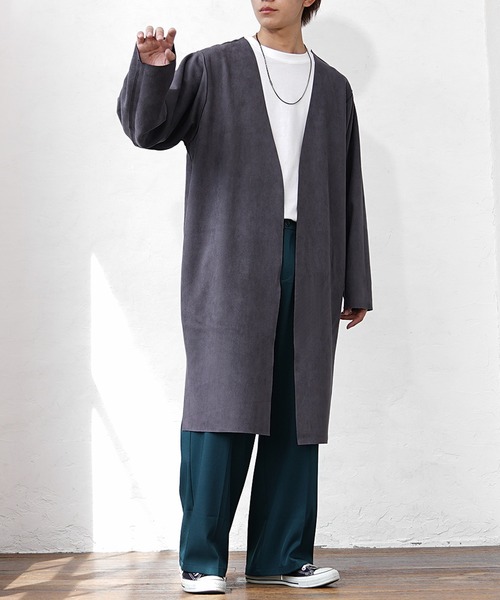 MinoriTY（マイノリティ）の「【MinoriTY】リバーシブルロングカーディガン ノーカラー メンズ 無地 スウェード 秋服（カーディガン/ボレロ・メンズ・パープル/ブルーグレー/モカ/チャコール/アイボリー・S/M/L）」の19枚目の写真