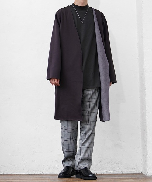 MinoriTY（マイノリティ）の「【MinoriTY】リバーシブルロングカーディガン ノーカラー メンズ 無地 スウェード 秋服（カーディガン/ボレロ・メンズ・パープル/ブルーグレー/モカ/チャコール/アイボリー・S/M/L）」の21枚目の写真