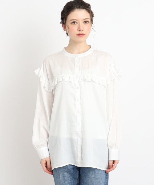 Cutie Blonde（キューティーブロンド）の「◆【甘すぎない！大人のためのデザインブラウス】ヴィンテージサテン フリル付きバンドカラー（シャツ/ブラウス・レディース・ライトブルー/ホワイト系・01/02/03）」の3枚目の写真