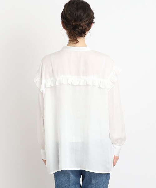 Cutie Blonde（キューティーブロンド）の「◆【甘すぎない！大人のためのデザインブラウス】ヴィンテージサテン フリル付きバンドカラー（シャツ/ブラウス・レディース・ライトブルー/ホワイト系・01/02/03）」の20枚目の写真